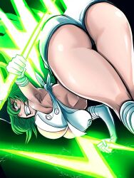 Rule 34 | 1girl, ass, bleach, bleach: sennen kessen-hen, breasts, candice catnipp, cleavage, collarbone, electricity, energy, energy sword, energy weapon, energy wings, glowing, green eyes, green hair, hat, highres, large breasts, long hair, looking at viewer, matching hair/eyes, midriff, npeaked cap, revealing clothes, smile, solo, sword, weapon, wings