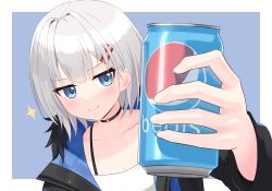 Rule 34 | &gt;:), black choker, black jacket, blue background, blue eyes, blue jacket, blush, border, bra strap, brand name imitation, can, choker, collarbone, copyright request, drink, drink can, fur-trimmed hood, fur trim, hair ornament, hairclip, highres, hood, hooded jacket, incoming drink, jacket, looking at viewer, multicolored clothes, multicolored jacket, o-ring, o-ring choker, outside border, pmasterm, rurine luna, shirt, short hair, silver hair, single strap, smile, soda, soda can, solo, star (symbol), v-shaped eyebrows, virtual youtuber, wactor production, white border, white shirt