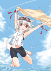 Rule 34 | 1girl, animal ears, armpits, arms up, bad id, bad pixiv id, barefoot, bike shorts, feet, female focus, goggles, goggles on head, inubashiri momiji, jumping, kanda aya, open mouth, red eyes, short hair, silver hair, sleeveless, smile, solo, tail, toes, touhou, towel, water, wolf ears, wolf tail, wrist cuffs