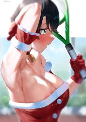 Rule 34 | 1girl, areola slip, arm garter, armpits, bare shoulders, bell, black hair, blurry, blurry background, blush, breasts, cleavage, frikulu, gloves, green eyes, highres, holding, holding racket, hololive, large breasts, neck bell, oozora subaru, profile, racket, red gloves, short hair, solo, sweat, tennis racket, upper body, virtual youtuber, wet, wet hair