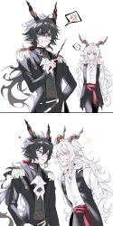 Rule 34 | !, 2boys, anger vein, arknights, arms behind back, black hair, black pants, black vest, closed eyes, closed mouth, collared shirt, dress shirt, ebenholz (arknights), grey hair, grey shirt, hair between eyes, heart, highres, holding, holding wand, horns, kreide (arknights), long hair, male focus, multiple boys, pants, purple eyes, rio (rio773), shaded face, shirt, simple background, spoken anger vein, spoken exclamation mark, very long hair, vest, wand, white background, white shirt