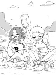 Rule 34 | 2girls, ^ ^, acoustic guitar, ariura kanna, blush, breasts, can, closed eyes, collarbone, commentary request, crop top, flower, forehead, greyscale, groin, guitar, hair flower, hair ornament, idolmaster, idolmaster cinderella girls, indian style, instrument, long hair, medium breasts, monochrome, multiple girls, music, nishino hikoji, outdoors, playing guitar, playing instrument, sandals, senzaki ema, short hair, sitting, smile, tambourine, tank top, very long hair
