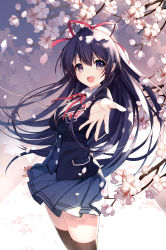 Rule 34 | 1girl, :d, bison cangshu, black hair, black jacket, black thighhighs, blazer, blush, breasts, brown eyes, cherry blossoms, date a live, emblem, gradient background, grey background, grey skirt, hair ribbon, high ponytail, highres, jacket, long hair, long sleeves, medium breasts, miniskirt, neck ribbon, open mouth, outstretched arm, palms, pleated skirt, red ribbon, ribbon, school uniform, skirt, smile, solo, thighhighs, very long hair, yatogami tooka, zettai ryouiki