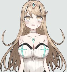 Rule 34 | 1girl, absurdres, blonde hair, breasts, highres, jacomodayo, large breasts, mythra (radiant beach) (xenoblade), mythra (xenoblade), simple background, solo, white background, xenoblade chronicles (series), xenoblade chronicles 2, yellow eyes