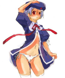 Rule 34 | 1girl, beret, bow, bow panties, dress, frills, hat, lowres, momiji mao, navel, open clothes, open shirt, original, panties, purple hair, red eyes, shirt, short hair, side-tie panties, silver hair, simple background, solo, standing, thighhighs, underwear, white panties, white thighhighs