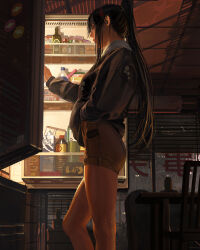 Rule 34 | 1girl, air conditioner, black hair, black sweater, bottle, brown shorts, chair, closed mouth, commentary, drawer, earrings, english commentary, floral print, from side, guweiz, hairband, high ponytail, highres, indoors, jewelry, long hair, long sleeves, magnet, milk carton, original, ponytail, profile, red hairband, refrigerator, refrigerator magnet, shorts, solo, stud earrings, sweater, table, towel, towel around neck, very long hair, water bottle, water drop, wet, white towel, window blinds
