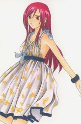 Rule 34 | 00s, 1girl, bare shoulders, casual, dress, erza scarlet, fairy tail, female focus, highres, hisame himemiya, simple background, solo, white background