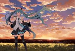 Rule 34 | 1girl, aqua hair, bad id, bad pixiv id, bare shoulders, black thighhighs, cloud, detached sleeves, closed eyes, grass, harano, hatsune miku, long hair, nail polish, necktie, open mouth, pleated skirt, skirt, sky, solo, sunset, thighhighs, twintails, very long hair, vocaloid, wind, zettai ryouiki
