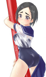 Rule 34 | 1girl, aimobake, ass, bad id, bad twitter id, black hair, blouse, blue one-piece swimsuit, blue sailor collar, blush, closed mouth, clothes pull, cowboy shot, crotch seam, dutch angle, from behind, highres, idolmaster, idolmaster cinderella girls, looking at viewer, looking back, matsuo chizuru, one-piece swimsuit, pole, purple eyes, sailor collar, school swimsuit, school uniform, see-through, serafuku, shirt, short hair, short sleeves, simple background, skirt, skirt around one leg, skirt pull, solo, standing, swept bangs, swimsuit, swimsuit under clothes, wet, wet clothes, white background, white shirt