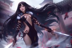 Rule 34 | 1girl, arm strap, artist name, bare shoulders, black dress, black gloves, black hair, breasts, breasts apart, center opening, choker, collaboration, collarbone, day, dress, dual wielding, ear piercing, earrings, facing viewer, fate/grand order, fate (series), floating hair, fur trim, gloves, holding, holding sword, holding weapon, jewelry, long hair, looking away, medium breasts, navel, no bra, no panties, outdoors, patreon username, piercing, raikoart, red eyes, revealing clothes, side-tie dress, solo, strapless, strapless dress, sword, tsuaii, very long hair, weapon, wind, wind lift, yu mei-ren (fate)