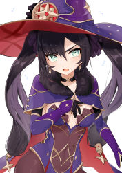 Rule 34 | 1girl, absurdres, black gloves, black hair, breasts, cape, choker, cleavage, commentary request, detached sleeves, dodo (yatotoyatoto), earrings, genshin impact, gloves, green eyes, hair between eyes, hair ornament, hat, highres, jewelry, leotard, long hair, long sleeves, looking at viewer, mona (genshin impact), pantyhose, sidelocks, solo, strapless, strapless leotard, twintails, white background, witch hat