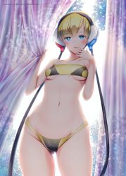 Rule 34 | 1girl, adapted costume, artist name, bikini, blonde hair, blue eyes, blush, breasts, collarbone, cowboy shot, creatures (company), curtains, elesa (pokemon), female focus, finger to mouth, game freak, gluteal fold, gym leader, hands up, headphones, highres, lips, looking at viewer, naoto (yandereheaven), navel, nintendo, open mouth, pixiv id, pokemon, pokemon bw, short hair, signature, skindentation, small breasts, smile, solo, standing, strapless, strapless bikini, swimsuit, tree, underboob, watermark, yellow bikini