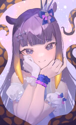 Rule 34 | 1girl, bow, closed mouth, gloves, gradient hair, highres, hololive, hololive english, long hair, looking at viewer, meiyan (boyimachao), multicolored hair, ninomae ina&#039;nis, orange hair, purple bow, purple eyes, purple hair, scrunchie, single glove, smile, solo, tentacle hair, tentacles, virtual youtuber, white gloves, wrist scrunchie