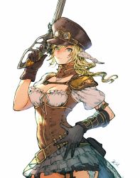 Rule 34 | 1girl, ammunition belt, arm strap, armor, asymmetrical gloves, au ra, bandolier, belt, beret, black gloves, blonde hair, blue eyes, breasts, brown corset, brown gloves, brown hat, cleavage, collar, corset, cowboy shot, dragon horns, dragon tail, final fantasy, final fantasy xiv, frilled skirt, frills, gloves, goggles, goggles on headwear, grey skirt, gun, hand up, hat, highres, holding, holding gun, holding weapon, horns, kuroimori, long hair, looking to the side, machinist (final fantasy), mismatched gloves, pauldrons, pouch, scales, shirt, short sleeves, shoulder armor, signature, simple background, single pauldron, skirt, solo, standing, steampunk, tail, warrior of light (ff14), wavy hair, weapon, white background, white shirt