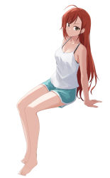 Rule 34 | 1girl, 26th, ahoge, arisugawa natsuha, bare arms, bare legs, barefoot, blue shorts, bra strap, breasts, brown eyes, cleavage, closed mouth, collarbone, dolphin shorts, full body, highres, idolmaster, idolmaster shiny colors, long hair, medium breasts, red hair, shirt, short shorts, shorts, simple background, sitting, sleeveless, sleeveless shirt, solo, spaghetti strap, straight hair, swept bangs, very long hair, white background, white shirt