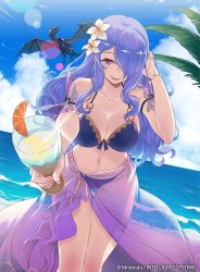 Rule 34 | 1girl, 40hara, beach, bead bracelet, beads, bikini, blue sky, bracelet, breasts, camilla (fire emblem), camilla (summer) (fire emblem), cleavage, cloud, company name, copyright name, cup, day, dragon, drinking glass, fire emblem, fire emblem cipher, fire emblem fates, fire emblem heroes, flower, hair flower, hair ornament, hair over one eye, hand in own hair, highres, holding, holding cup, jewelry, large breasts, long hair, navel, nintendo, official art, open mouth, outdoors, purple eyes, purple hair, sarong, sky, solo, swimsuit, water, wine glass, wyvern