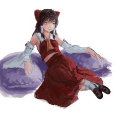 Rule 34 | 1girl, ankle socks, arm support, armpits, ascot, bare shoulders, black hair, brown footwear, closed mouth, cushion, detached sleeves, dress, full body, grey eyes, hair ribbon, hair tubes, hakurei reimu, highres, legs together, long hair, looking away, midriff peek, red dress, red ribbon, ribbon, shoes, simple background, sitting, smile, socks, solo, touhou, treeware, white background, white socks, wide sleeves, yellow ascot