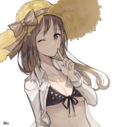 Rule 34 | 10s, 1girl, artist name, bad id, bad pixiv id, blush, bow, breasts, brown bow, brown eyes, brown hair, brown ribbon, cleavage, closed mouth, collarbone, hat, hat bow, hat ribbon, highres, hwayoung, idolmaster, idolmaster cinderella girls, large breasts, looking at viewer, mifune miyu, one eye closed, ribbon, smile, solo, upper body