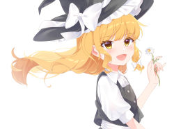 Rule 34 | 1girl, black vest, blonde hair, blush, bow, buttons, collared shirt, flower, hairband, hat, hat bow, highres, holding, kirisame marisa, milll 77, open mouth, shirt, simple background, smile, touhou, vest, white background, white bow, white shirt, witch hat, yellow eyes