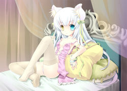 Rule 34 | 1girl, animal ears, ass, bad id, bad pixiv id, bed, blue eyes, bow, bracelet, brown thighhighs, cat ears, cat girl, feet, female focus, hair ornament, heterochromia, jewelry, lingerie, long hair, looking at viewer, lying, no shoes, original, panties, pillow, ribbon, ring, solo, thighhighs, touko (tokotoko), underwear, very long hair, white hair, white panties, white thighhighs, yellow eyes