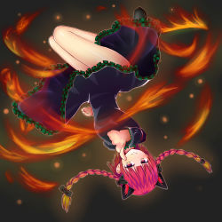 Rule 34 | 1girl, absurdres, animal ears, ass, black bow, bow, braid, cat ears, dress, fire, fire, hair bow, highres, kaenbyou rin, kujira137, long sleeves, no tail, pointing, pointing at viewer, red eyes, red hair, solo, touhou, twin braids, upside-down