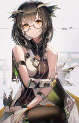 Rule 34 | 1girl, absurdres, arknights, armband, bare shoulders, black-framed eyewear, black thighhighs, brown hair, cleavage cutout, clothing cutout, commentary request, earrings, feathers, fingerless gloves, glasses, gloves, grey background, highres, hiyaori (hiyahiyaval), holding, holding feather, id card, infection monitor (arknights), jewelry, lanyard, looking at viewer, owl ears, rhine lab logo, semi-rimless eyewear, shirt, short hair, silence (arknights), single glove, sitting, sleeveless, sleeveless shirt, solo, thighhighs, under-rim eyewear, white gloves, yellow eyes