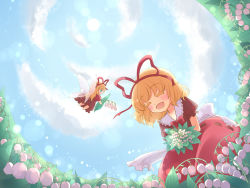 Rule 34 | 2girls, bad id, bad pixiv id, blonde hair, blue eyes, cloud, closed eyes, female focus, fisheye, flower, hair ribbon, happy, highres, kneeling, lily of the valley, medicine melancholy, mito tsubaki, multiple girls, open mouth, outdoors, plant, ribbon, short hair, sky, solo, su-san, touhou