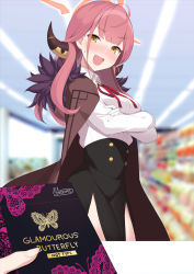 Rule 34 | 2girls, ahoge, aru (blue archive), black skirt, blue archive, blurry, blurry background, blush, breasts, brown coat, buying condoms, ceiling light, coat, coat on shoulders, collared shirt, commentary, condom box, convenience store, cowboy shot, crossed arms, embarrassed, eyes visible through hair, feather trim, gloves, halo, high-waist skirt, highres, horns, long hair, long sleeves, looking at viewer, medium breasts, multiple girls, nanoyo, neck ribbon, open clothes, open coat, open mouth, pink hair, product placement, red ribbon, ribbon, shirt, shop, side slit, skirt, solo focus, sweatdrop, white gloves, white shirt, wing collar