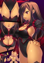 Rule 34 | 1boy, 1girl, ^^^, arm at side, bar censor, black thighhighs, breasts, brown hair, censored, cleavage, cleavage cutout, clothed female nude male, clothing cutout, covered navel, dark skin, fang, gluteal fold, hand on own hip, highleg, highleg leotard, highres, kinoshita ichi, large breasts, leotard, long hair, non-web source, nude, open mouth, original, red eyes, shiny skin, sidelocks, thighhighs