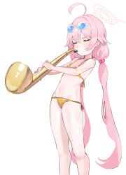 Rule 34 | 1girl, absurdres, ahoge, bikini, blue archive, blush, breasts, closed eyes, commentary, eyewear on head, feet out of frame, ggab0621, gold bikini, hair between eyes, hair bobbles, hair ornament, halo, highres, holding, holding instrument, hoshino (blue archive), instrument, long hair, low twintails, music, navel, pink hair, pink halo, playing instrument, saxophone, side-tie bikini bottom, simple background, small breasts, solo, swimsuit, twintails, white background