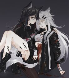 Rule 34 | 2girls, animal ear fluff, animal ears, arknights, arm rest, artist name, bandeau, bare legs, black capelet, black footwear, black gloves, black hair, black jacket, black nails, black outline, black shorts, bleeding, blood, blood on arm, blood on chest, blood on clothes, blood on ground, blood on hands, blood on leg, blood on mouth, boots, breasts, brown pantyhose, capelet, carrying, carrying person, closed eyes, closed mouth, collared capelet, collared jacket, colored inner hair, commentary request, expressionless, facing another, fingerless gloves, fingernails, foot out of frame, from side, full body, gloves, grey background, grey hair, hair between eyes, hair ornament, hairclip, hand on another&#039;s leg, hand on another&#039;s shoulder, hand on another&#039;s thigh, hands up, head rest, heel up, high collar, highres, injury, invisible floor, itonatsu, jacket, kneeling, lappland (arknights), layered sleeves, long hair, long sleeves, looking at viewer, looking to the side, material growth, medium breasts, messy hair, multicolored hair, multiple girls, nail polish, on one knee, open clothes, open jacket, oripathy lesion (arknights), outline, pale skin, pantyhose, princess carry, profile, red hair, scar, scar across eye, scar on face, shadow, short over long sleeves, short shorts, short sleeves, shorts, sidelocks, sideways glance, signature, simple background, tail, texas (arknights), thigh strap, thighs, torn, torn clothes, torn sleeve, two-tone hair, unconscious, white bandeau, white gloves, white jacket, wide sleeves, wolf ears, wolf girl, wolf tail, yellow eyes