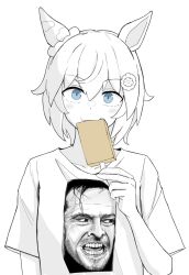 Rule 34 | 1boy, 1girl, :3, animal ears, blue eyes, closed mouth, commentary request, ear covers, eating, food, greyscale, hair between eyes, hair ornament, hairclip, here&#039;s johnny! (meme), highres, holding, holding food, holding popsicle, horse ears, horse girl, jack torrance, looking at viewer, meme, miya nns35, monochrome, open mouth, popsicle, print shirt, seiun sky (umamusume), shirt, short hair, short sleeves, simple background, single ear cover, spot color, teeth, the shining, umamusume, white background
