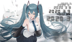 Rule 34 | 1girl, 39, :d, armpits, bare shoulders, black skirt, blue eyes, blue hair, blurry, breasts, collared shirt, commentary, dated, detached sleeves, fangs, grey shirt, hair ornament, hatsune miku, highres, large breasts, long hair, long sleeves, looking at viewer, miniskirt, open mouth, pleated skirt, pre (preecho), see-through, shirt, sideboob, skirt, smile, solo, twintails, very long hair, vocaloid, white shirt