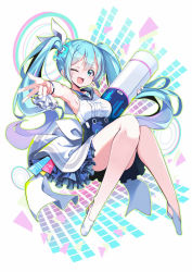 Rule 34 | 1girl, audio visualizer, bare legs, blue archive, breasts, commentary request, full body, green hair, hair between eyes, hair ornament, halo, hatsune miku, highres, long hair, looking at viewer, medium breasts, omochishiki, one eye closed, open mouth, shoes, simple background, sleeveless, solo, twintails, vocaloid