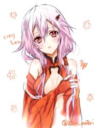 Rule 34 | 1girl, breasts, cleavage, covering privates, covering breasts, cropped torso, detached sleeves, fingerless gloves, gloves, guilty crown, hair between eyes, hair ornament, hair tubes, hairclip, head tilt, highres, long hair, long sleeves, looking at viewer, low twintails, matori (penguin batake), medium breasts, parted lips, pink hair, red eyes, red gloves, red sleeves, sketch, solo, twintails, twitter username, white background, wide sleeves, yuzuriha inori