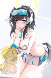 Rule 34 | 1girl, animal ears, black hair, blue archive, blush, breasts, cheerleader, cleavage, crop top, detached collar, dog ears, dog girl, dog tail, eyewear on head, goggles, goggles on head, halo, hibiki (blue archive), hibiki (cheer squad) (blue archive), highres, long hair, looking at viewer, medium breasts, millennium cheerleader outfit (blue archive), navel, pleated skirt, pom pom (cheerleading), skirt, solo, sweat, tail, take (trude1945oneetyan), tears, thighs