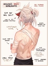 Rule 34 | 1boy, back, bandaged arm, bandages, commentary, crossed arms, english commentary, english text, from behind, genshin impact, highres, kaedehara kazuha, male focus, multicolored hair, nekojinnyart, red hair, scar, scar on arm, scar on back, signature, simple background, solo, streaked hair, topless male, upper body, white hair