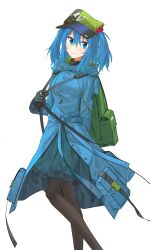 Rule 34 | 1girl, absurdres, aesur a, backpack, bag, black gloves, black pantyhose, blue dress, blue eyes, blue hair, closed mouth, dress, flat cap, gloves, green hat, hair bobbles, hair ornament, hat, highres, kawashiro nitori, looking at viewer, pantyhose, pocket, short hair, simple background, smile, solo, touhou, two side up, white background