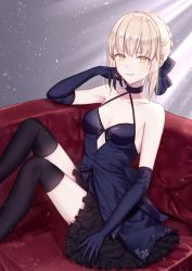 Rule 34 | 1girl, artoria pendragon (all), artoria pendragon (fate), bare shoulders, black legwear, black skirt, blonde hair, blue dress, blue gloves, breasts, choker, cleavage, collarbone, commentary, couch, dress, elbow gloves, evening gown, fate/grand order, fate/stay night, fate (series), gloves, grin, halterneck, hand on own cheek, hand on own face, highres, knees up, looking at viewer, meltymaple, on couch, saber alter, sitting, skirt, small breasts, smile, solo, teeth, v-shaped eyebrows, yellow eyes