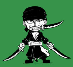 Rule 34 | 1boy, blacknirrow, boots, chibi, clenched teeth, collarbone, dual wielding, full body, green background, head scarf, holding, holding sword, holding weapon, japanese clothes, kimono, long sleeves, male focus, monochrome, mouth hold, one eye closed, one piece, open clothes, open kimono, pectorals, roronoa zoro, sash, scar, scar across eye, scar on chest, scar on face, sheath, simple background, sketch, solo, standing, straight-on, sword, teeth, weapon