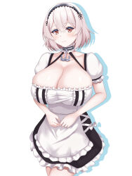 Rule 34 | 1girl, absurdres, anchor choker, anchor symbol, apron, azur lane, breasts, brown dress, comotaro, cowboy shot, dress, frilled apron, frilled dress, frills, hairband, highres, huge breasts, lace-trimmed hairband, lace trim, light smile, looking at viewer, maid, puffy short sleeves, puffy sleeves, red eyes, short dress, short hair, short sleeves, simple background, sirius (azur lane), solo, two-tone dress, waist apron, white apron, white background, white dress, white hair