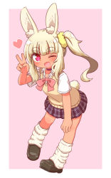 Rule 34 | 1girl, ;d, alternate costume, animal ear fluff, animal ears, black choker, black footwear, black skirt, blonde hair, blunt bangs, blush, border, bow, bowtie, brown footwear, choker, collarbone, collared shirt, commentary request, dress shirt, etrian odyssey, hair ornament, hair scrunchie, hand on own leg, hand up, heart, heart-shaped pupils, highres, leg warmers, loafers, long hair, loose socks, masurao (sekaiju), masurao 2 (sekaiju), miniskirt, naga u, one eye closed, open mouth, outside border, pelvic curtain, pink background, pink bow, plaid, plaid skirt, pleated skirt, rabbit ears, rabbit girl, rabbit tail, red bow, red choker, red eyes, ribbed legwear, school uniform, scrunchie, sekaiju no meikyuu, sekaiju no meikyuu 5, shirt, shoes, short sleeves, side ponytail, sidelocks, simple background, skirt, smile, socks, solo, sweater vest, symbol-shaped pupils, tail, thick eyebrows, two-tone background, v, vest, white background, white border, white shirt, white socks, yellow vest