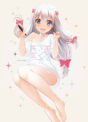 Rule 34 | 10s, 1girl, :d, bare legs, barefoot, blue eyes, blush, bow, clothes writing, collarbone, commentary request, eromanga sensei, foreshortening, hair bow, holding, invisible chair, izumi sagiri, long hair, looking at viewer, low-tied long hair, no pants, off-shoulder shirt, off shoulder, open mouth, red bow, rods, round teeth, shiny skin, shirt, short sleeves, silver hair, sitting, smile, solo, sparkle, stylus, teeth, very long hair, white shirt