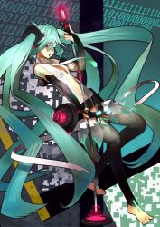 Rule 34 | 1girl, absurdres, aqua eyes, aqua hair, barefoot, belt, binary, bridal gauntlets, elbow gloves, fingerless gloves, gloves, hatsune miku, hatsune miku (append), highres, long hair, microphone, microphone stand, navel, necktie, revision, shirabi, solo, toeless legwear, toes, twintails, very long hair, vocaloid, vocaloid append