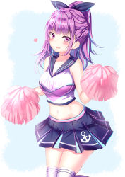 Rule 34 | 1girl, ahoge, bare arms, bare shoulders, black skirt, braid, breasts, cheerleader, collarbone, colored inner hair, commentary request, crop top, hair ribbon, heart, highres, holding, holding pom poms, hololive, long hair, looking at viewer, medium breasts, midriff, minato aqua, miniskirt, multicolored hair, navel, open mouth, pleated skirt, pom pom (cheerleading), pom poms, ponytail, purple eyes, purple hair, ribbon, sailor collar, shirt, sidelocks, skirt, sleeveless, sleeveless shirt, smile, solo, stomach, streaked hair, thighhighs, thighs, virtual youtuber, white shirt, white thighhighs, yuano, zettai ryouiki