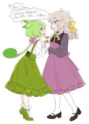 Rule 34 | 2girls, adapted costume, alternate costume, blonde hair, blue eyes, blush, bobby socks, brown footwear, confession, dress, eye contact, flower, frilled dress, frilled skirt, frills, from side, full body, giving, green footwear, green hair, green skirt, hair ribbon, highres, holding, holding flower, holding hands, kasukabe tsumugi, kawasaki (5s5 g), long hair, long sleeves, looking at another, mary janes, multiple girls, open mouth, pantyhose, pink ribbon, purple dress, ribbon, shirt, shoes, simple background, skirt, socks, speech bubble, standing, suspender skirt, suspenders, tiptoes, translation request, voicevox, white background, white pantyhose, white shirt, white socks, yellow eyes, yellow flower, yellow ribbon, zundamon