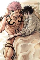 Rule 34 | 2boys, abs, arm tattoo, arm up, bed, bed sheet, black hair, chest tattoo, closed eyes, commentary request, couple, extra eyes, facial tattoo, fushiguro megumi, highres, hug, indoors, jugang140, jujutsu kaisen, leg tattoo, lying, male focus, multiple boys, muscular, muscular male, naked sheet, neck tattoo, on bed, open mouth, pectorals, pink hair, ryoumen sukuna (jujutsu kaisen), shirt, short hair, shoulder tattoo, sleeping, spiked hair, stomach tattoo, tattoo, teeth, thighs, undercut, waking up, yaoi
