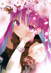 Rule 34 | 1girl, absurdres, bare shoulders, black dress, blue hair, blurry, blurry background, blush, branch, closed mouth, colored inner hair, dress, flower, gaou (umaiyo puyoman), hand on own cheek, hand on own face, hand up, highres, hololive, lips, long hair, looking at viewer, minato aqua, multicolored hair, page number, purple eyes, purple hair, scan, short sleeves, sidelocks, simple background, smile, solo, upper body, virtual youtuber, watch, wristwatch