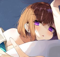 Rule 34 | 1girl, blue background, blush, brown hair, commentary request, crossed bangs, fingernails, hair between eyes, kamizaki hibana, looking at viewer, lying, medium hair, messy hair, open mouth, original, portrait, purple eyes, reaching, reaching towards viewer, saliva, solo, tears, triangle mouth, waking up