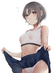 Rule 34 | 1girl, absurdres, blue skirt, blush, breasts, clothes lift, collarbone, flying sweatdrops, grey hair, highres, idolmaster, idolmaster cinderella girls, lifting own clothes, looking at viewer, looking down, navel, no shirt, otokura yuuki, panties, rr (temd7345), short hair, simple background, skirt, skirt hold, skirt lift, small breasts, solo, sports bra, sweatdrop, underwear, wet, wet bra, wet clothes, wet panties, white background, white panties, white sports bra